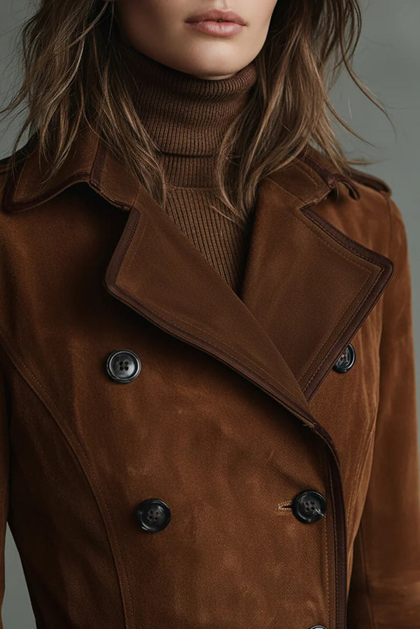 Ewelina | Długi zamszowy płaszcz z dwurzędowym zapięciem