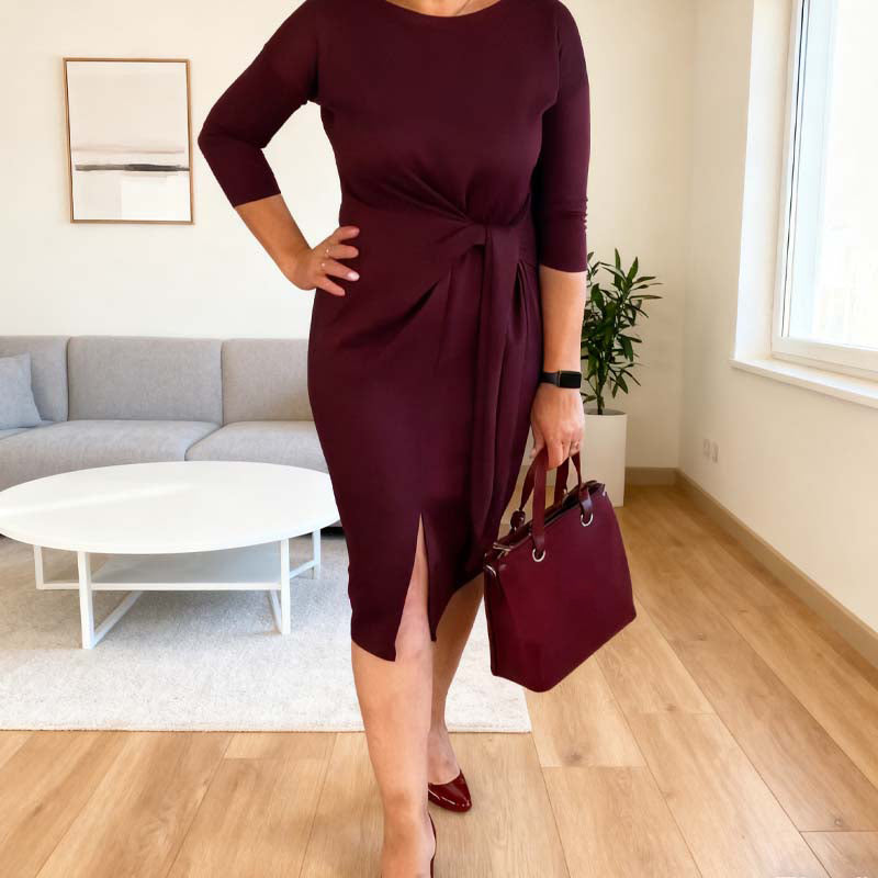 Alina | Elegancka Sukienka z Wiązaniem i Delikatnym Rozcięciem