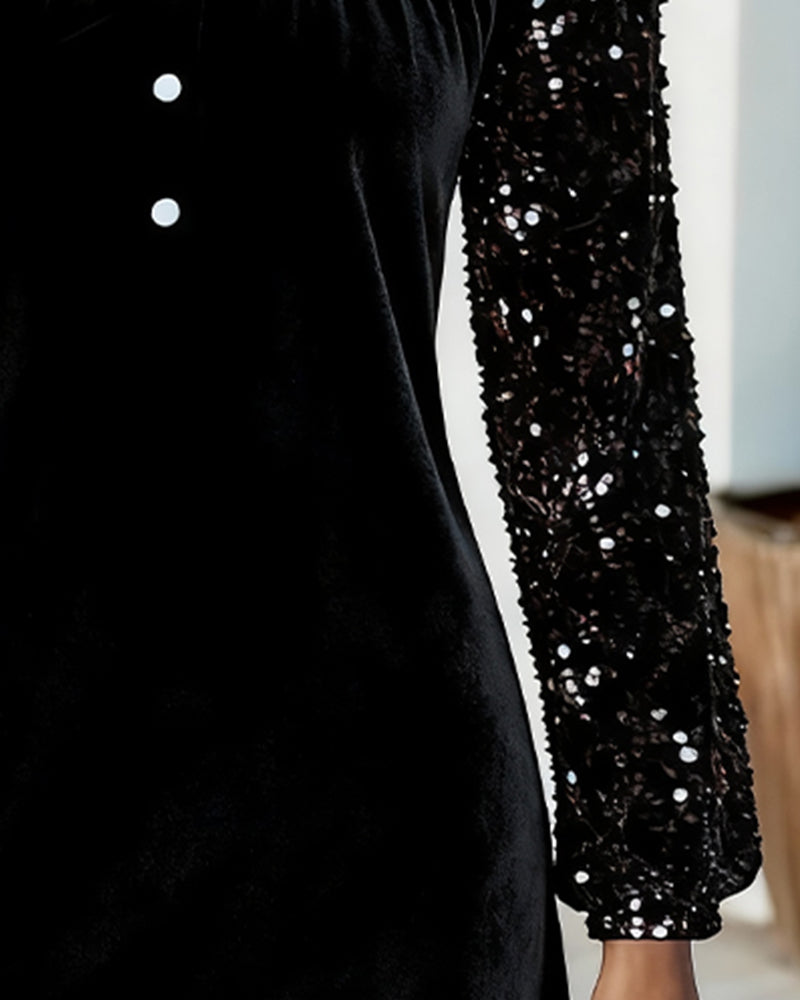 Karolina | Świąteczna Sukienka z Aksamitnym Blaskiem i Cekinowymi Rękawami