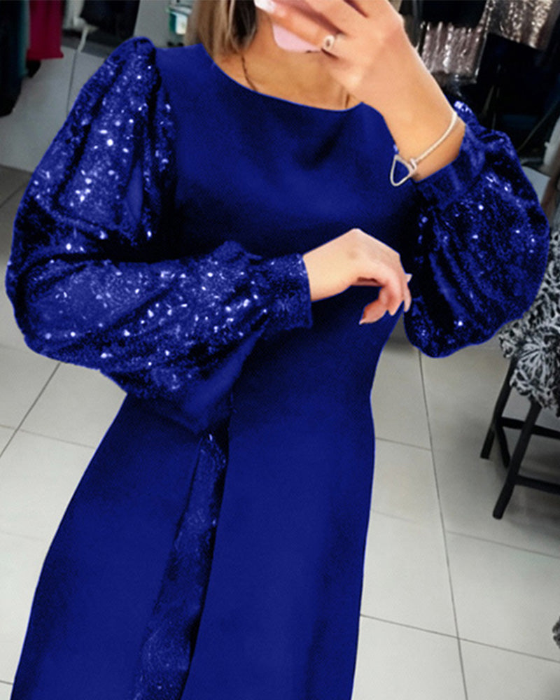 Liliana | Elegancka Sukienka z Bufiastymi Rękawami i Patchworkowymi Detalami