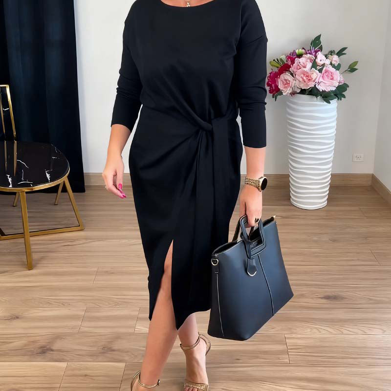 Alina | Elegancka Sukienka z Wiązaniem i Delikatnym Rozcięciem